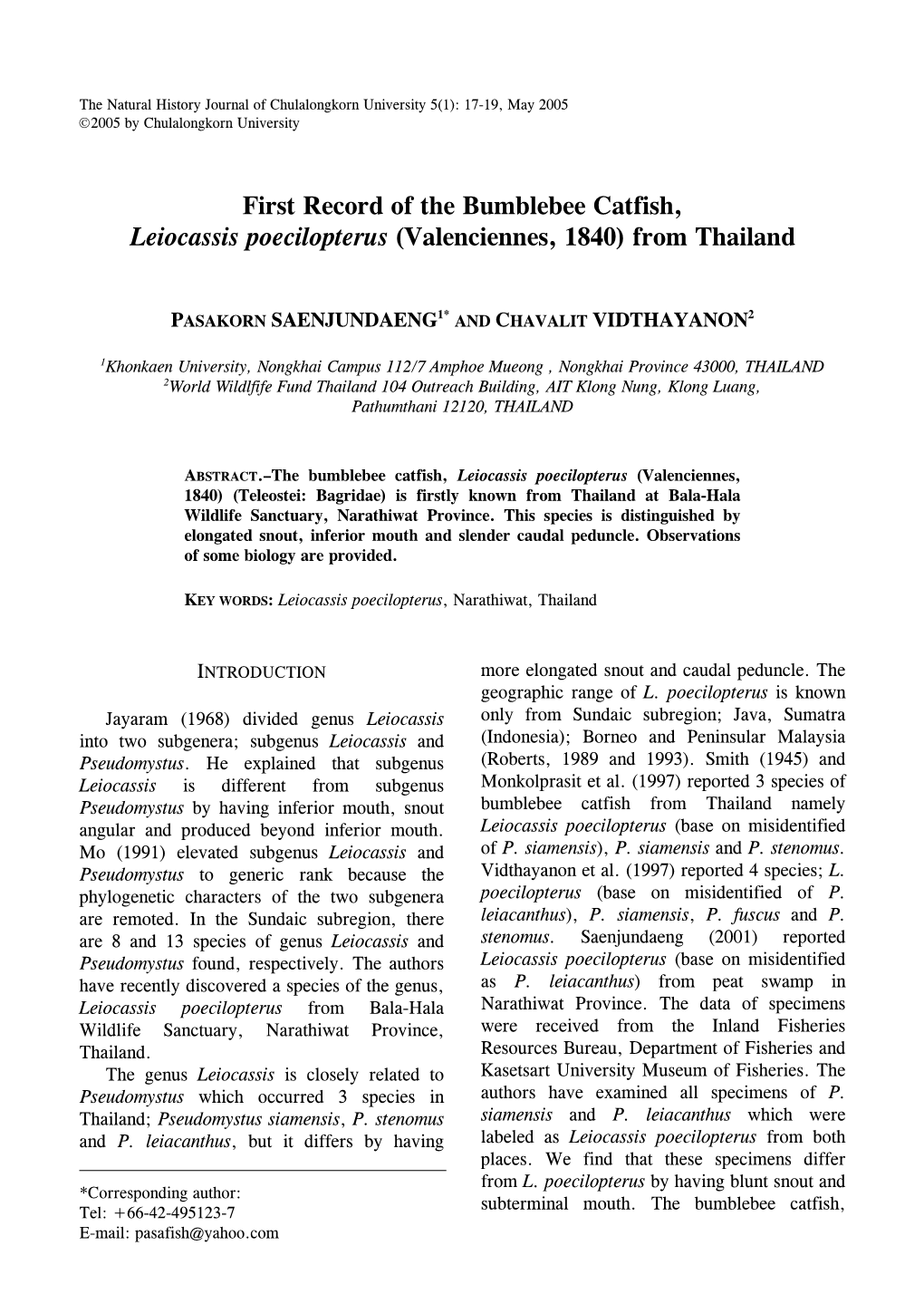 First Record of the Bumblebee Catfish, Leiocassis Poecilopterus (Valenciennes, 1840) from Thailand