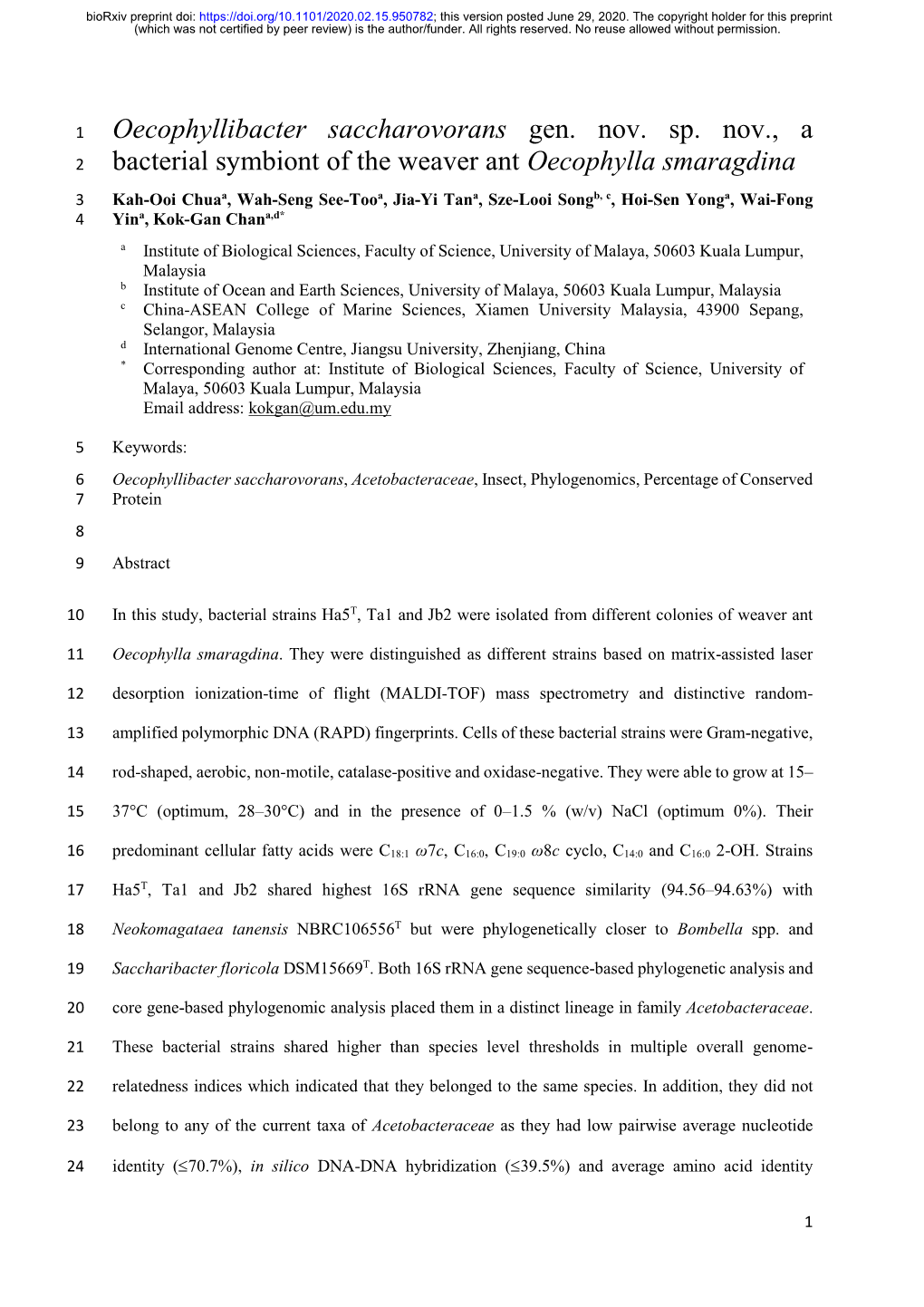 Oecophyllibacter Saccharovorans Gen. Nov. Sp. Nov., a Bacterial