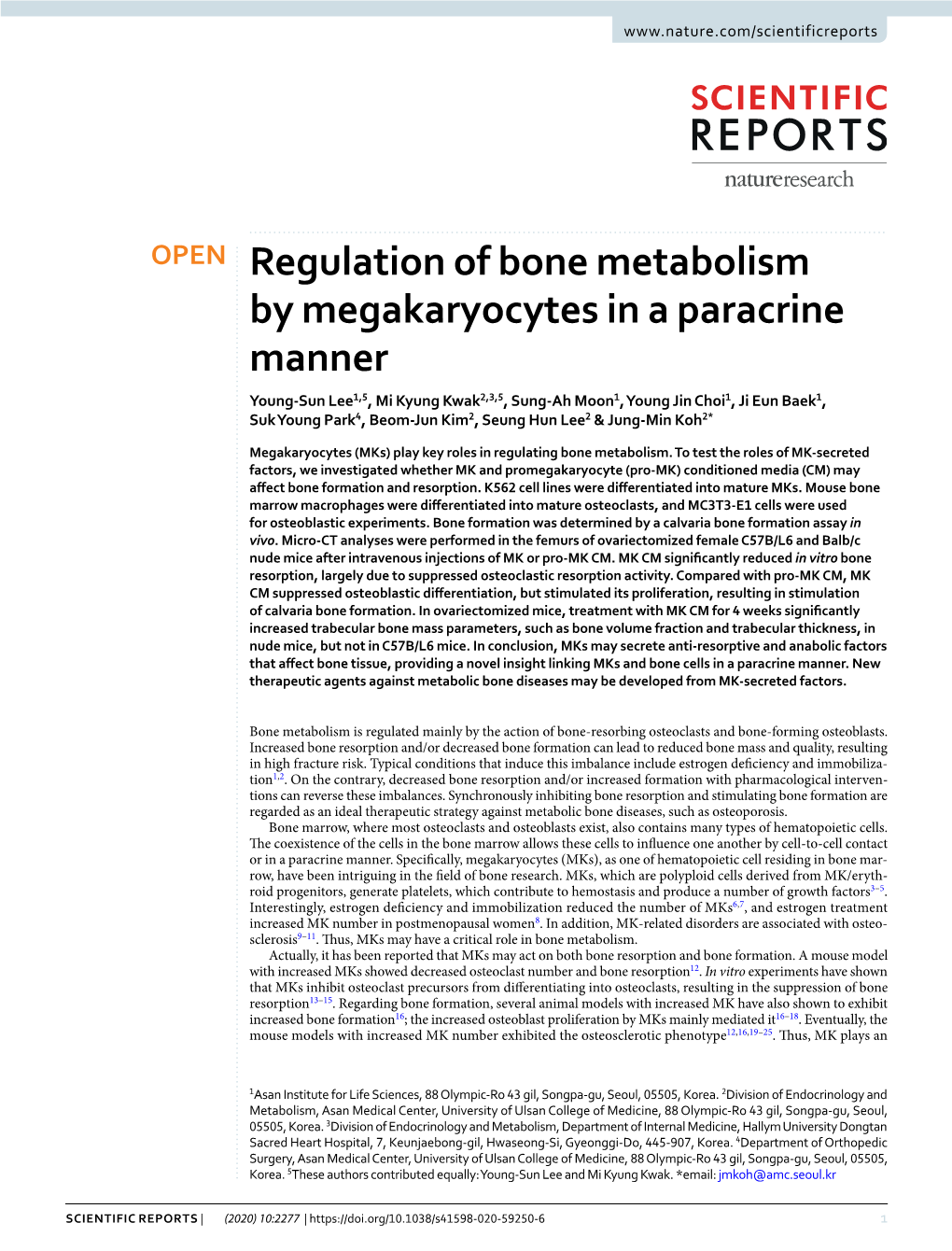Regulation of Bone Metabolism by Megakaryocytes in a Paracrine