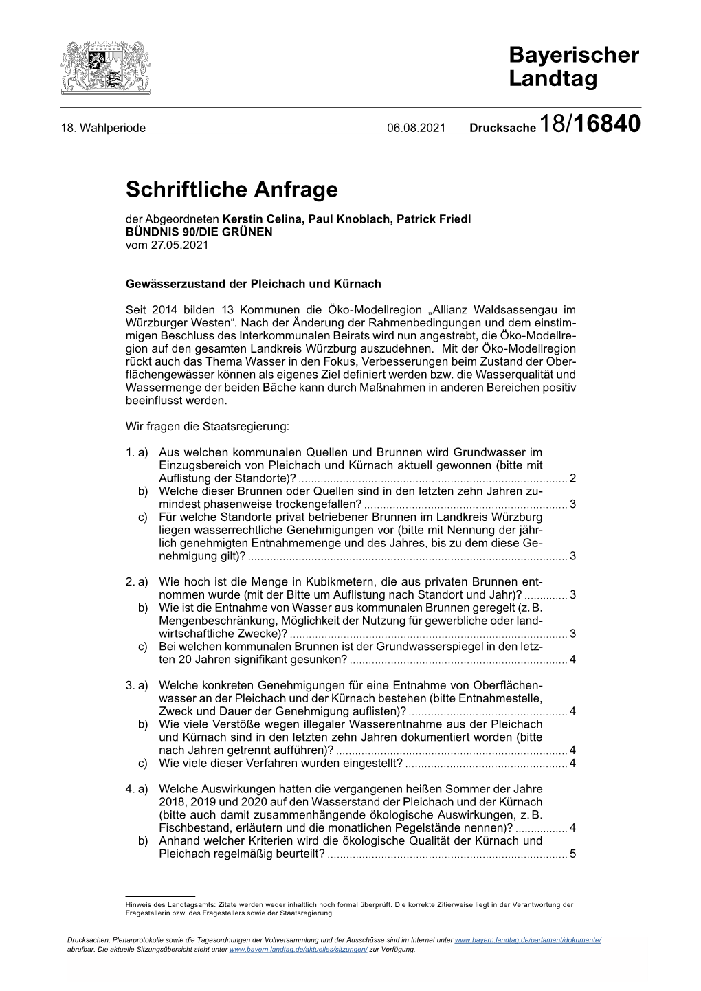 Schriftliche Anfrage Des Abgeordneten Kerstin Celina, Paul