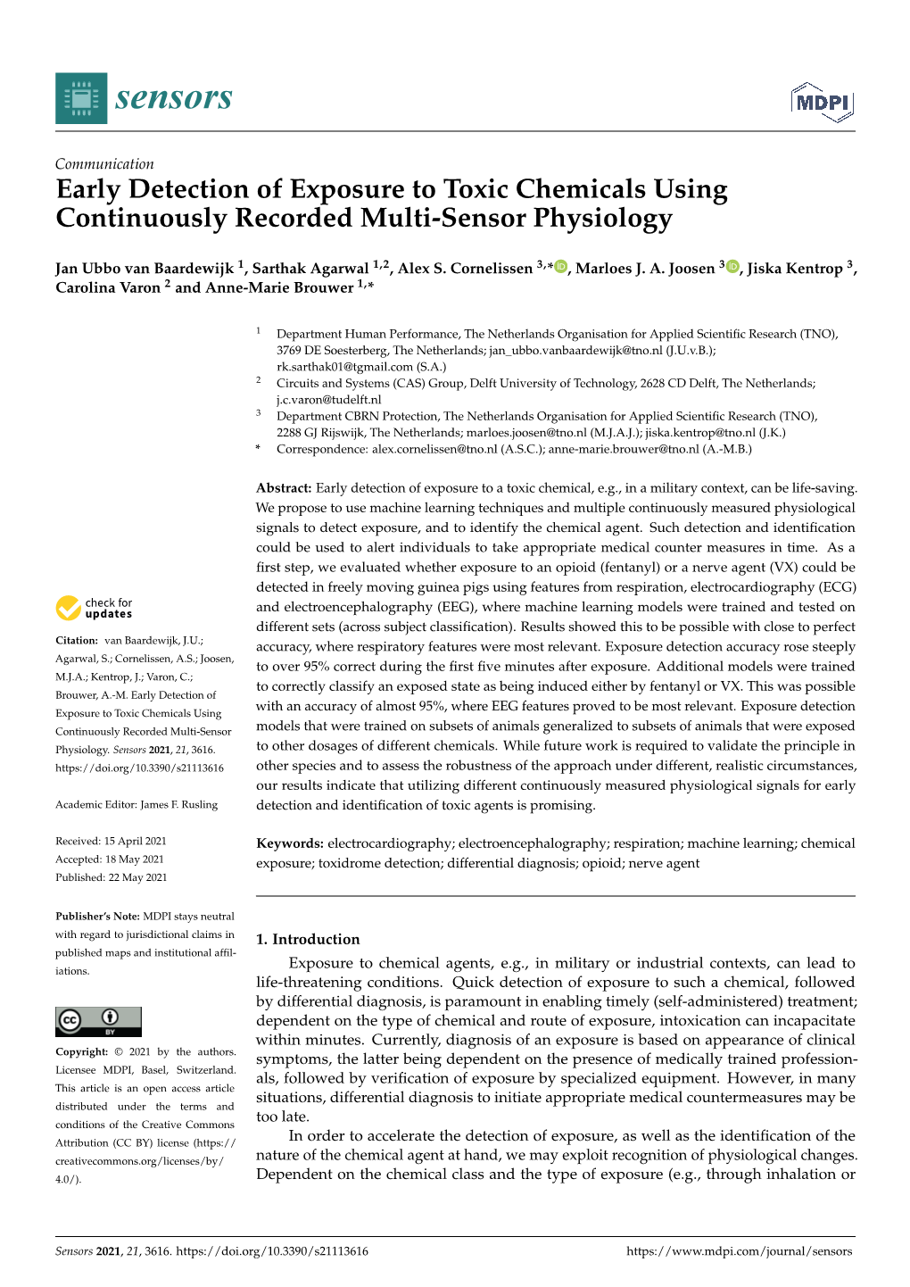 Early Detection of Exposure to Toxic Chemicals Using Continuously Recorded Multi-Sensor Physiology