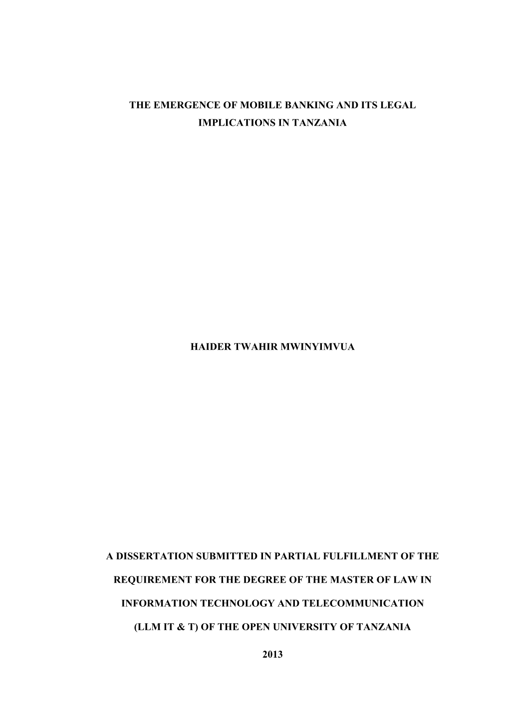 The Emergence of Mobile Banking and Its Legal Implications in Tanzania