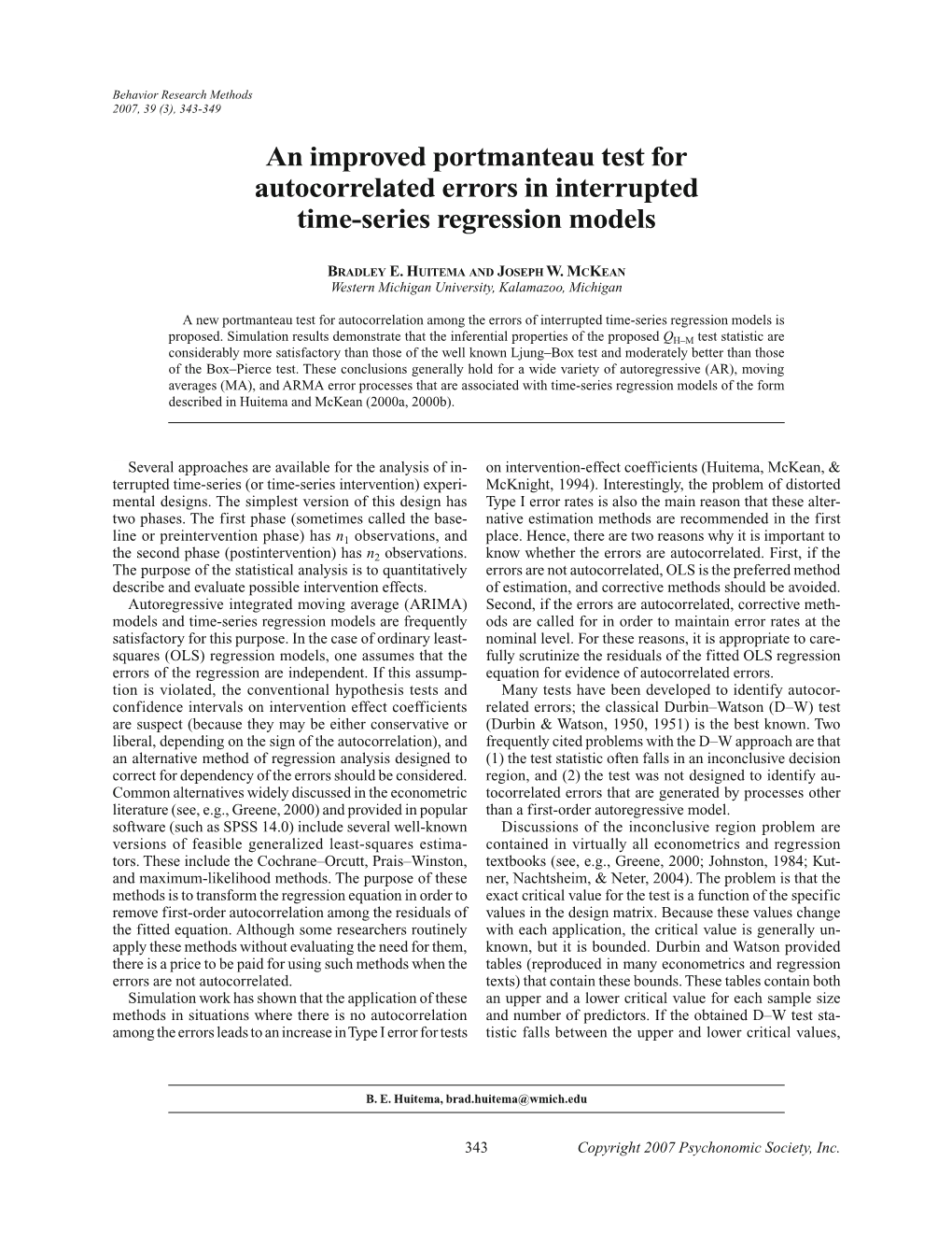 An Improved Portmanteau Test for Autocorrelated Errors in Interrupted Time-Series Regression Models