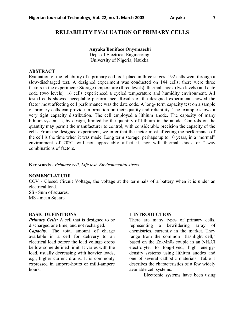 Reliability Evaluation of Primary Cells