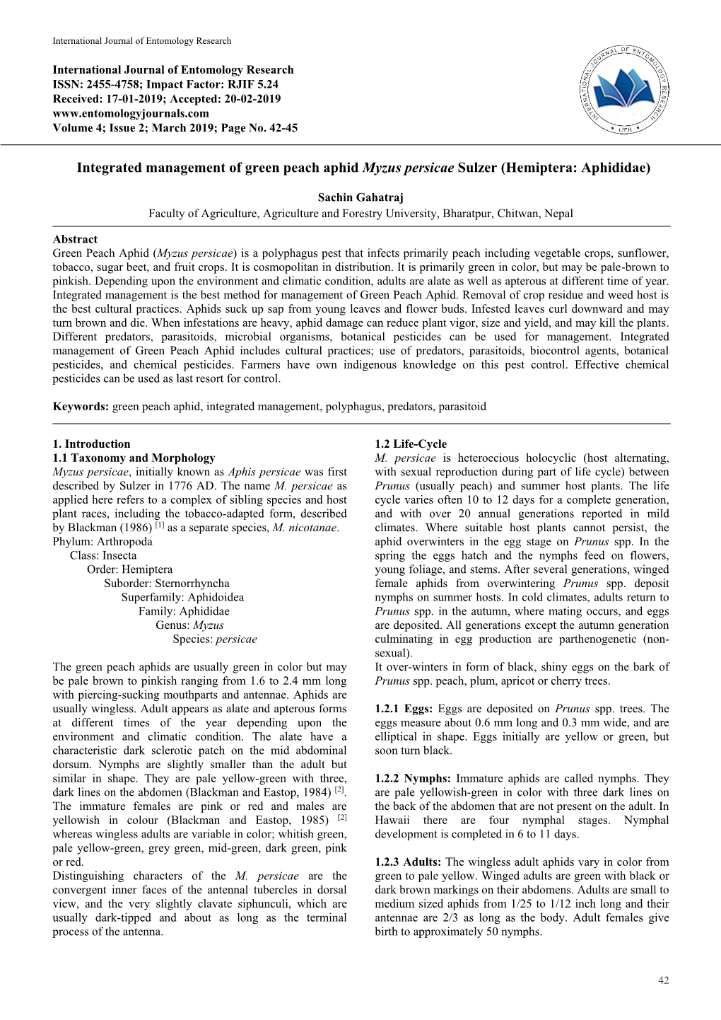 Integrated Management of Green Peach Aphid Myzus Persicae Sulzer (Hemiptera: Aphididae)