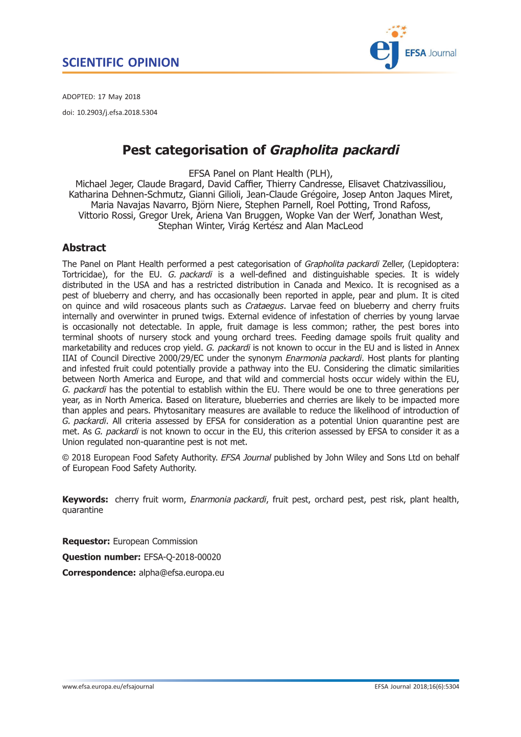 Pest Categorisation of Grapholita Packardi