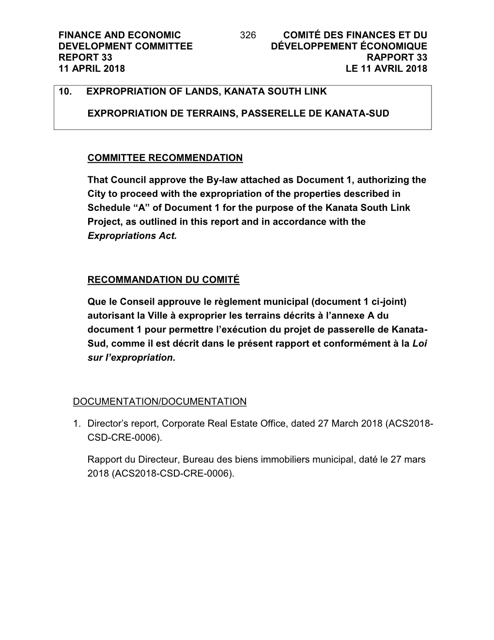 Expropriation of Lands, Kanata South Link