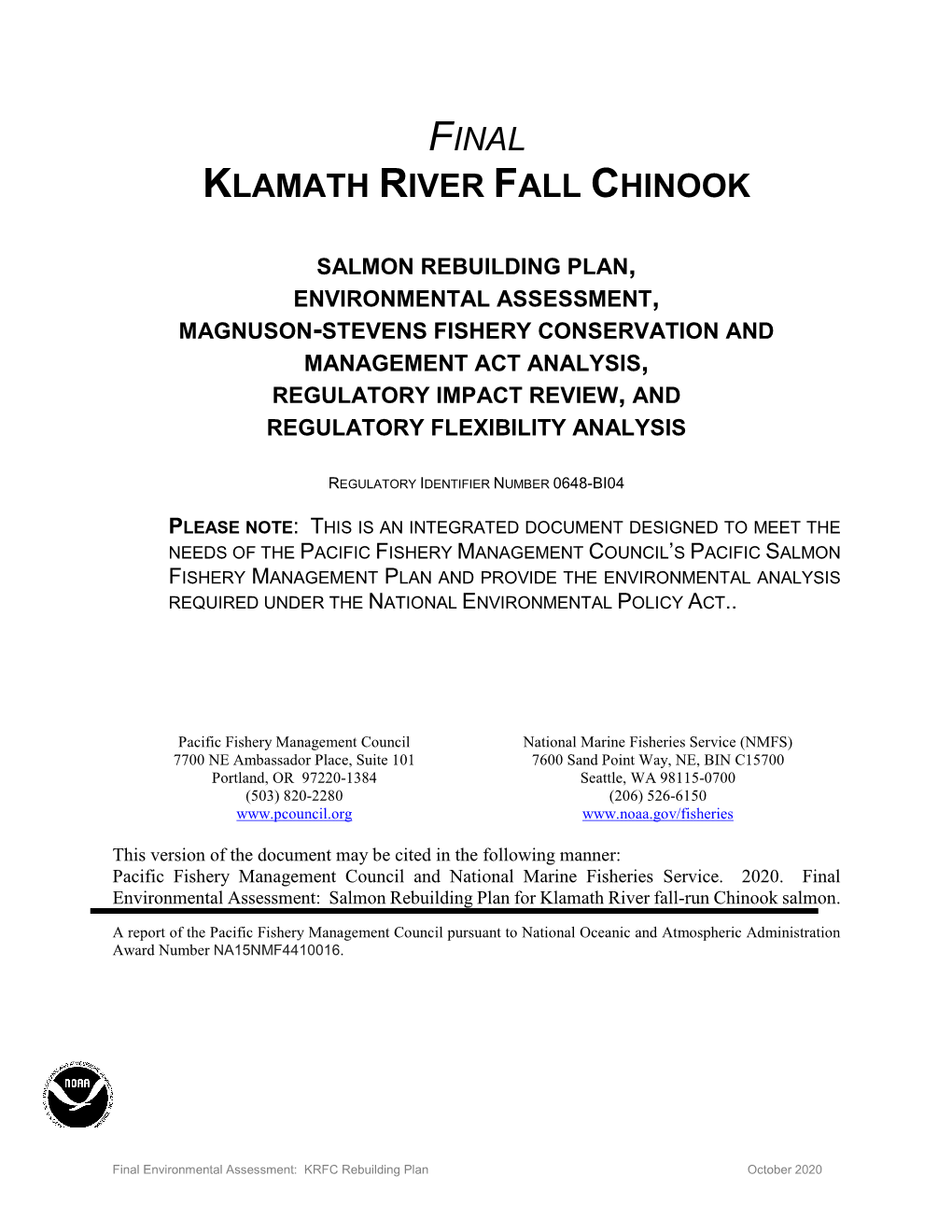 Final Klamath River Fall Chinook Environmental Assessment