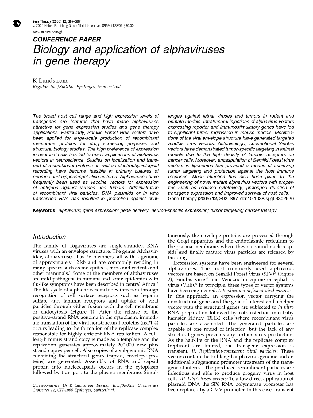 Biology and Application of Alphaviruses in Gene Therapy