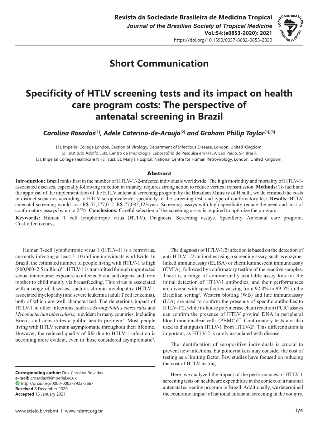 Short Communication Specificity of HTLV Screening Tests and Its Impact