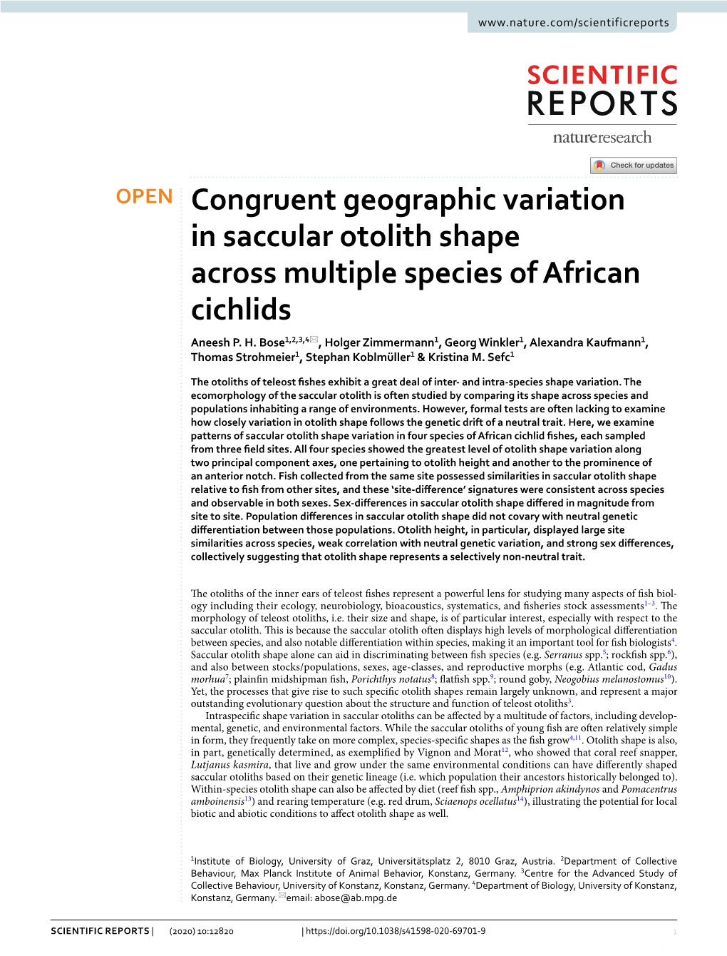 Congruent Geographic Variation in Saccular Otolith Shape Across Multiple Species of African Cichlids Aneesh P