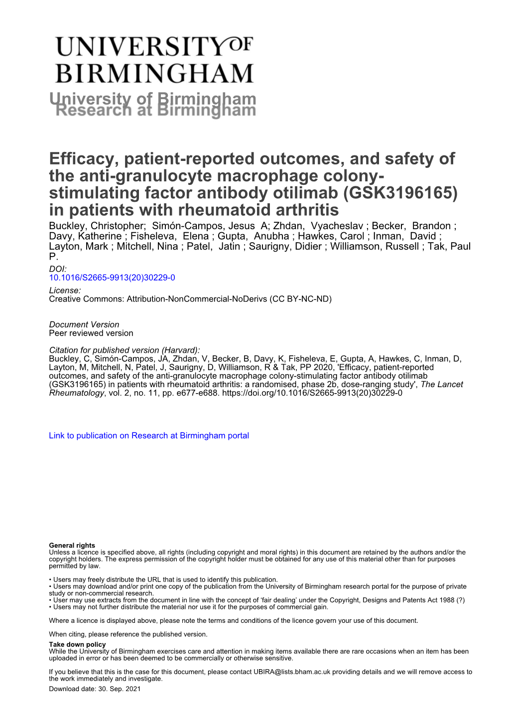 University of Birmingham Efficacy, Patient-Reported Outcomes, And