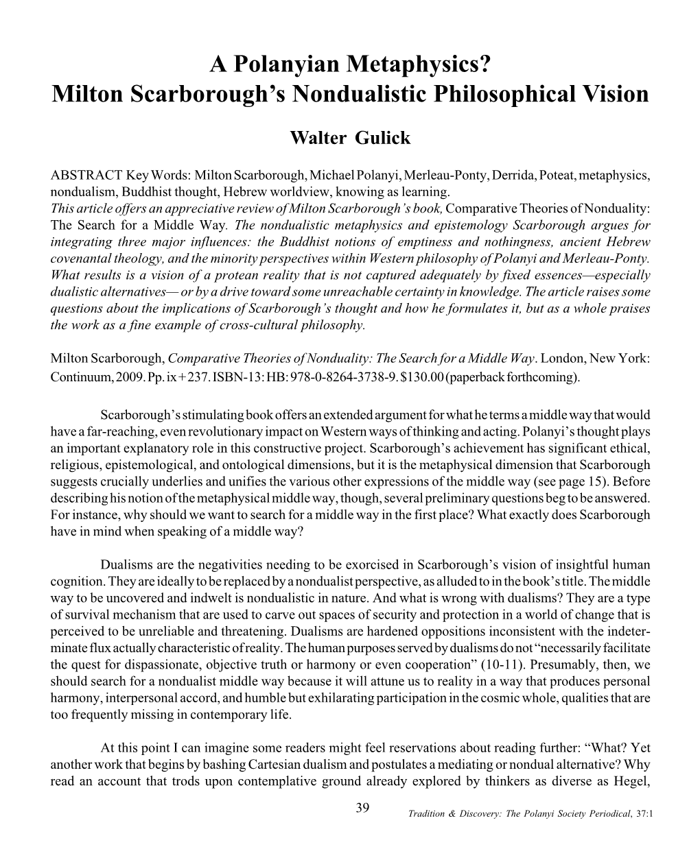 Milton Scarborough's Nondualistic Philosophical Vision