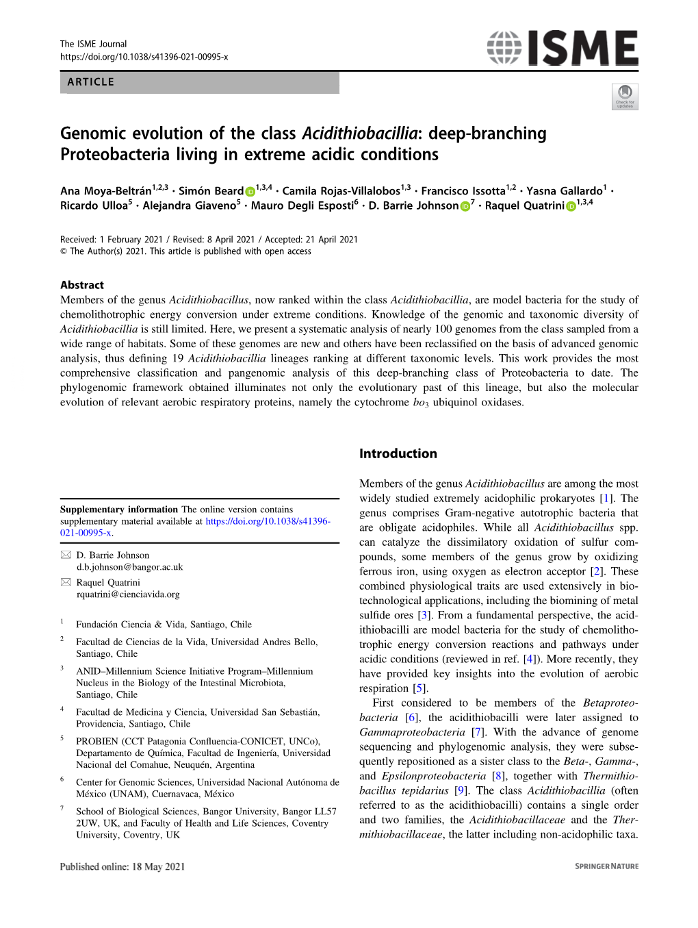 Genomic Evolution of the Class Acidithiobacillia: Deep-Branching Proteobacteria Living in Extreme Acidic Conditions