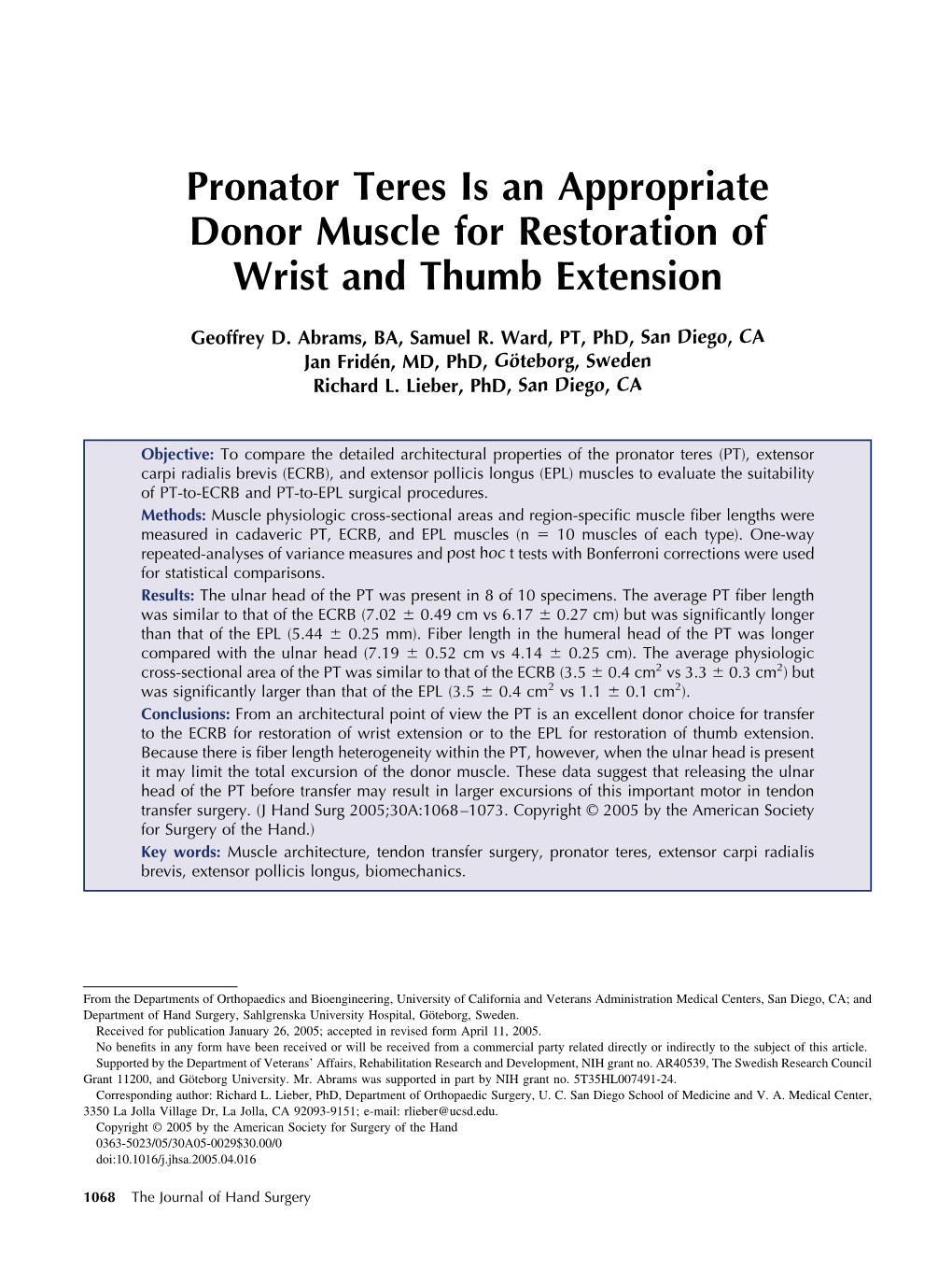 Pronator Teres Is an Appropriate Donor Muscle for Restoration of Wrist and Thumb Extension