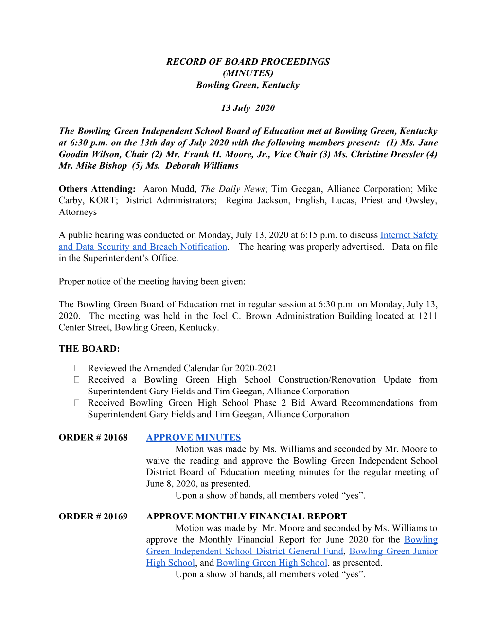 Meeting Minutes for the Regular Meeting of June 8, 2020, As Presented