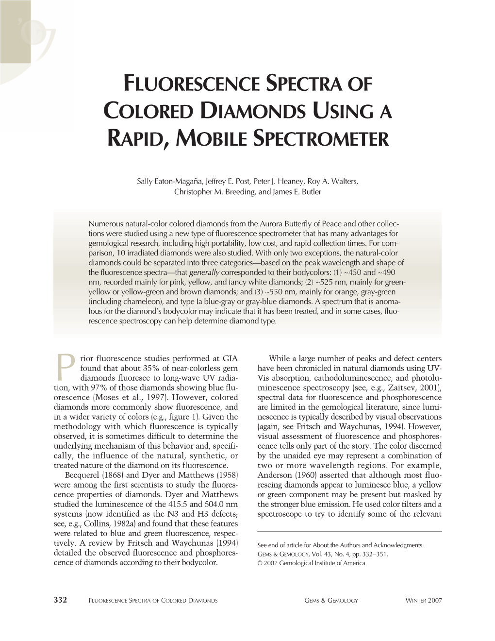 Fluorescence Spectra of Colored Diamonds Using a Rapid, Mobile Spectrometer