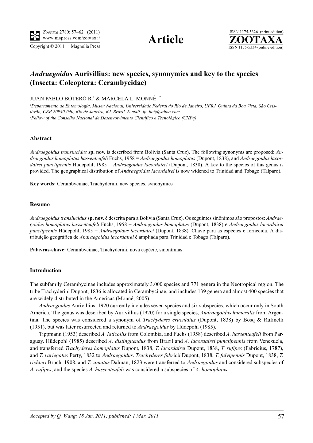 Andraegoidus Aurivillius: New Species, Synonymies and Key to the Species (Insecta: Coleoptera: Cerambycidae)