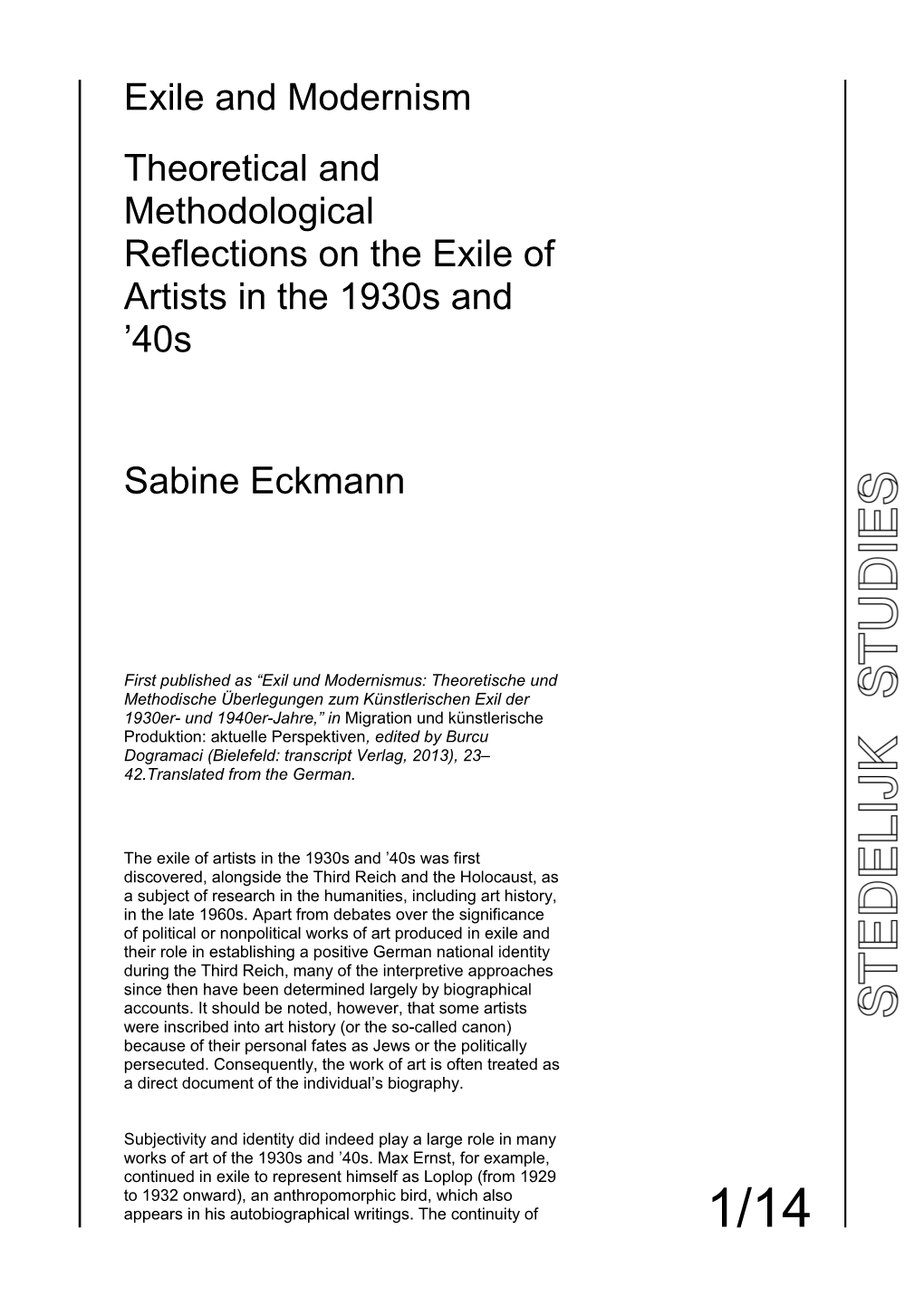 Exile and Modernism Theoretical and Methodological Reflections on the Exile of Artists in the 1930S and ’40S