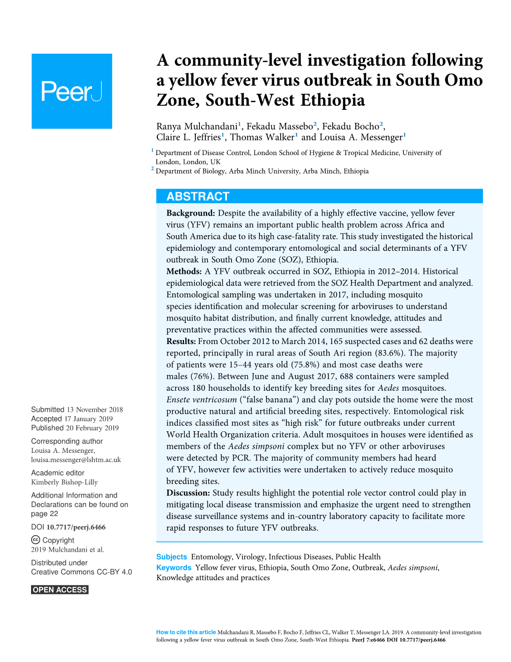 A Community-Level Investigation Following a Yellow Fever Virus Outbreak in South Omo Zone, South-West Ethiopia