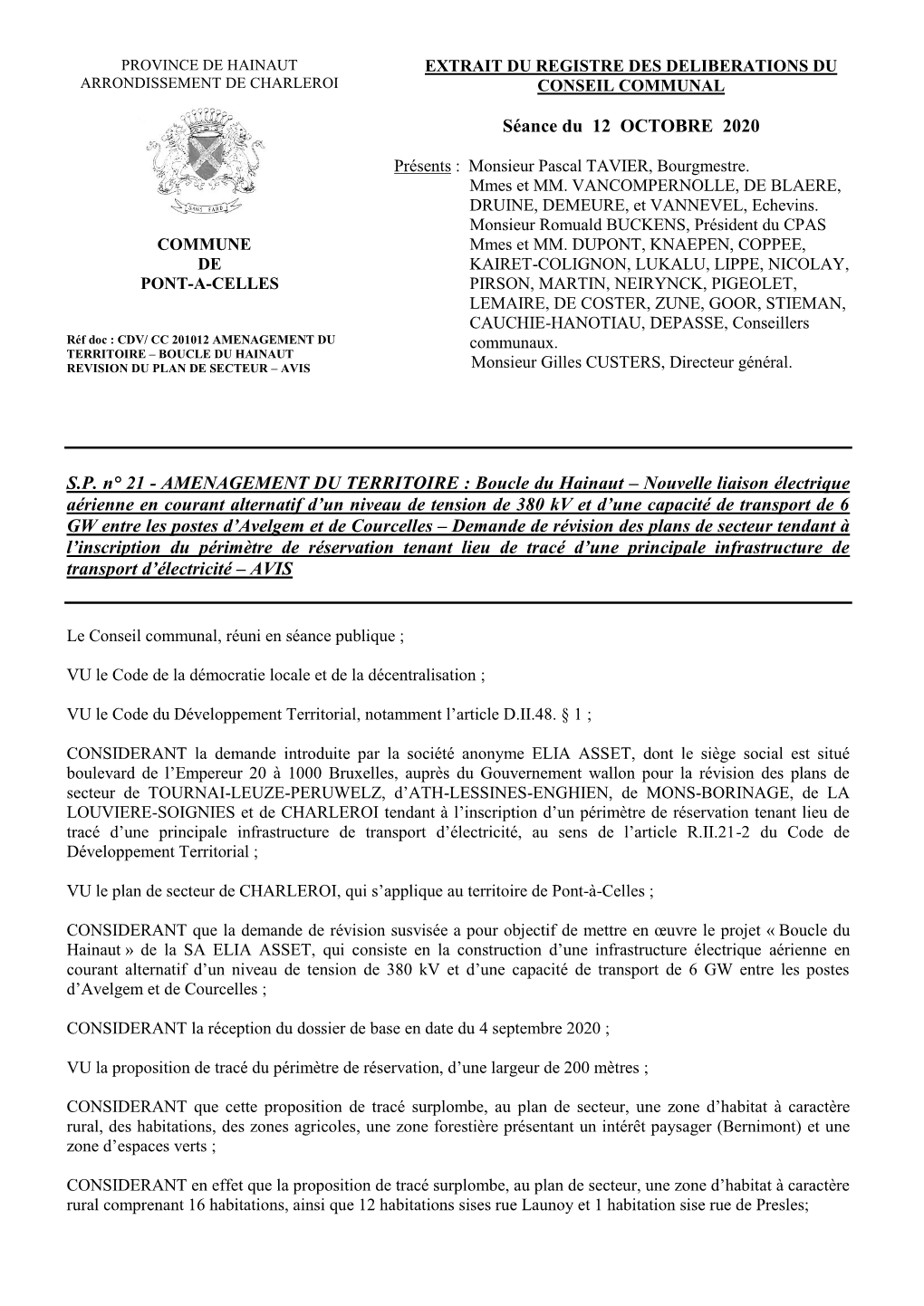 Province De Hainaut Extrait Du Registre Des Deliberations Du Arrondissement De Charleroi Conseil Communal