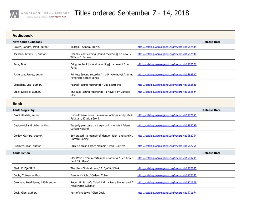 Titles Ordered September 7 - 14, 2018