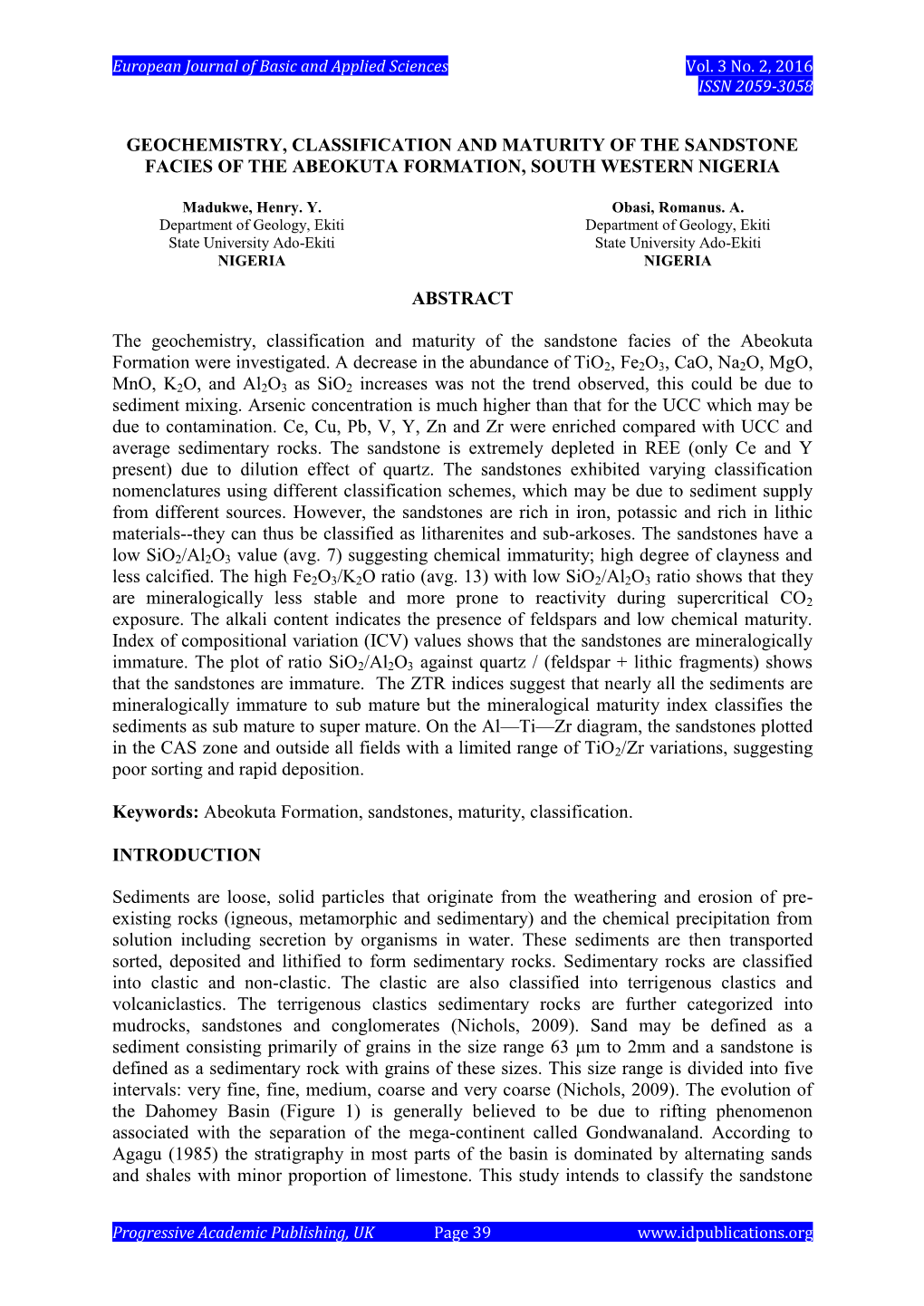 Geochemistry, Classification and Maturity of the Sandstone Facies of the Abeokuta Formation, South Western Nigeria