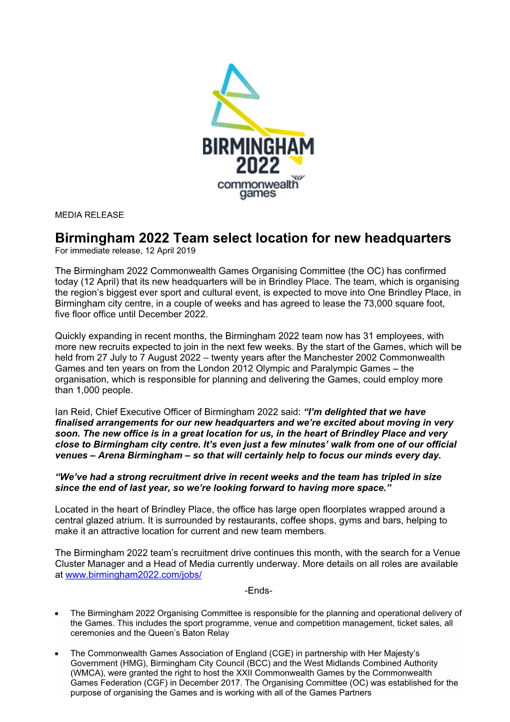 Birmingham 2022 Team Select Location for New Headquarters for Immediate Release, 12 April 2019