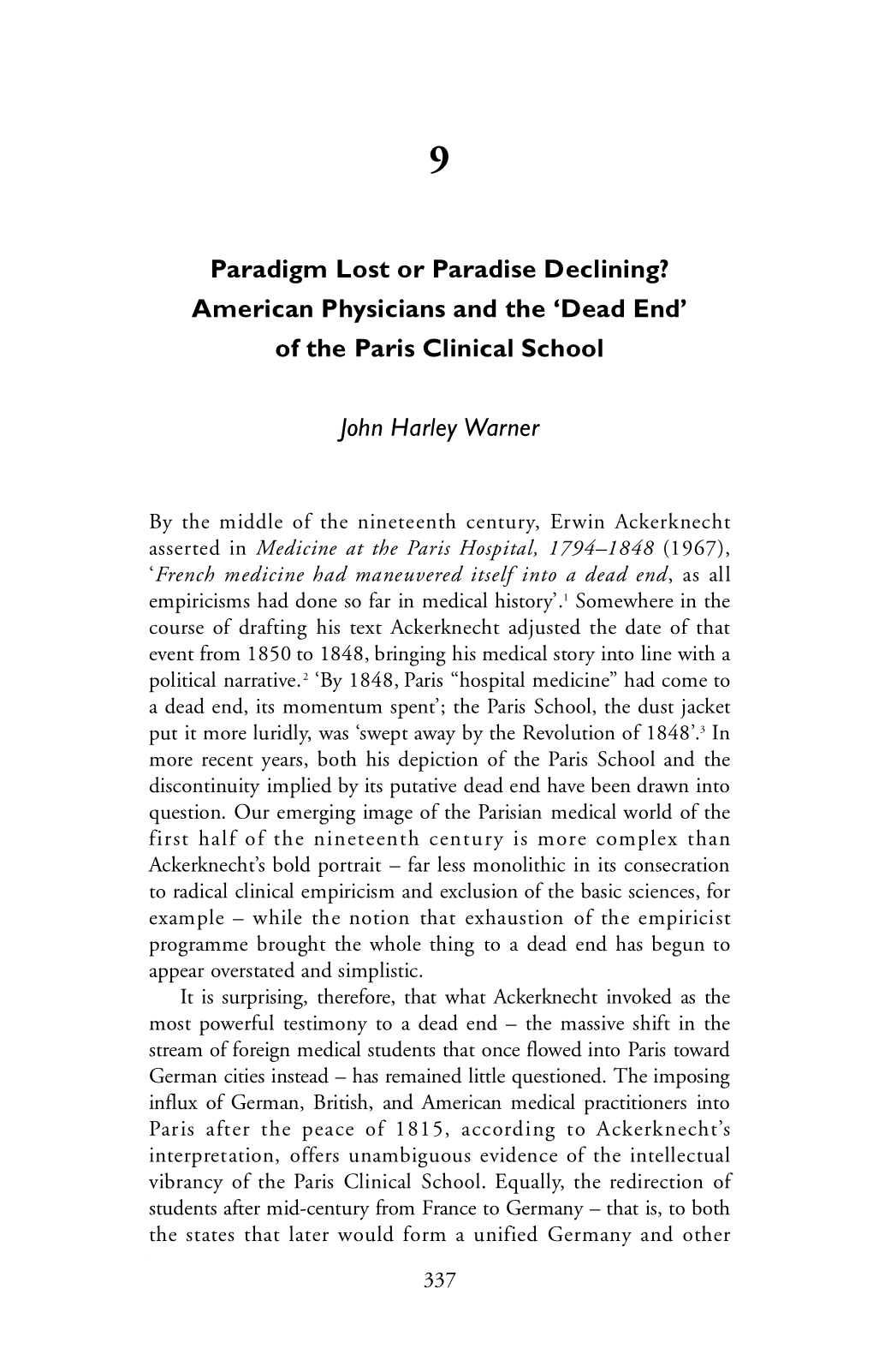 Paradigm Lost Or Paradise Declining? American Physicians and the ‘Dead End’ of the Paris Clinical School