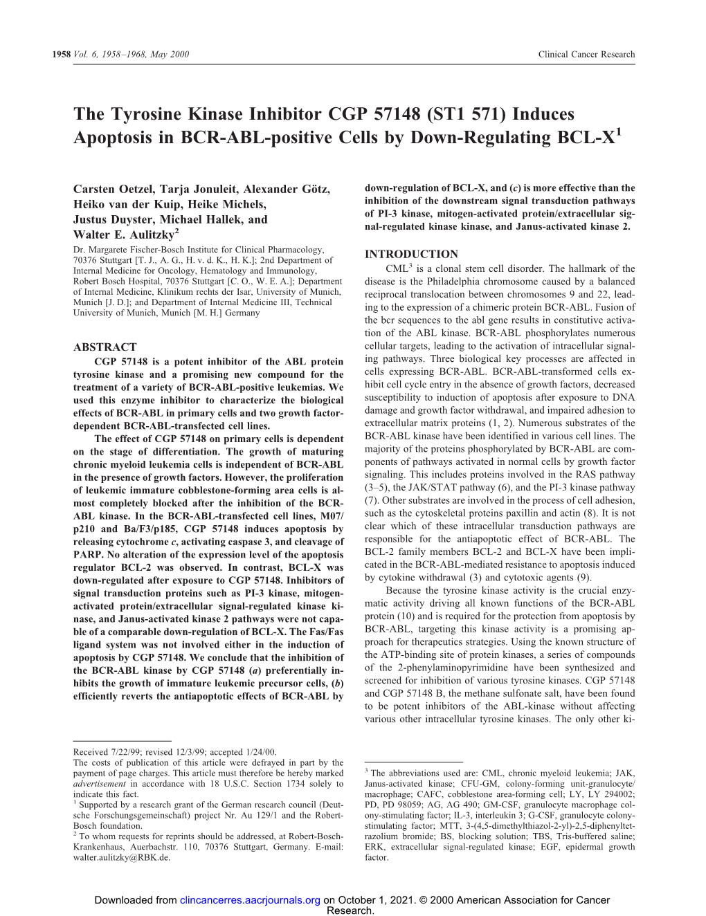 The Tyrosine Kinase Inhibitor CGP 57148 (ST1 571) Induces Apoptosis in BCR-ABL-Positive Cells by Down-Regulating BCL-X1