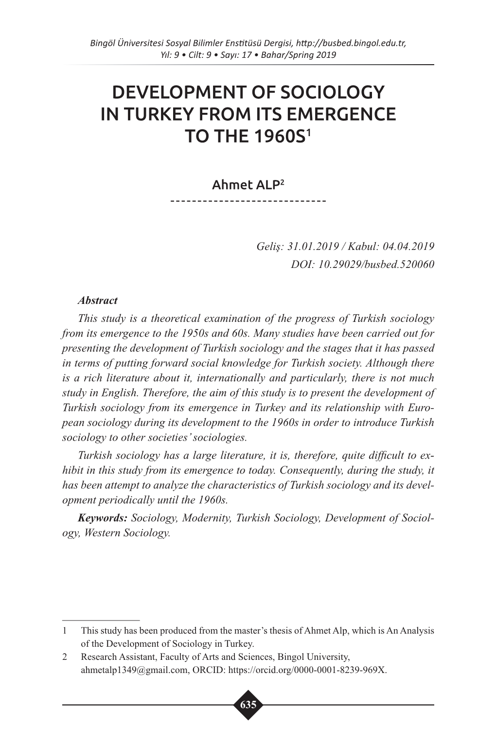 Development of Sociology in Turkey from Its Emergence to the 1960S1