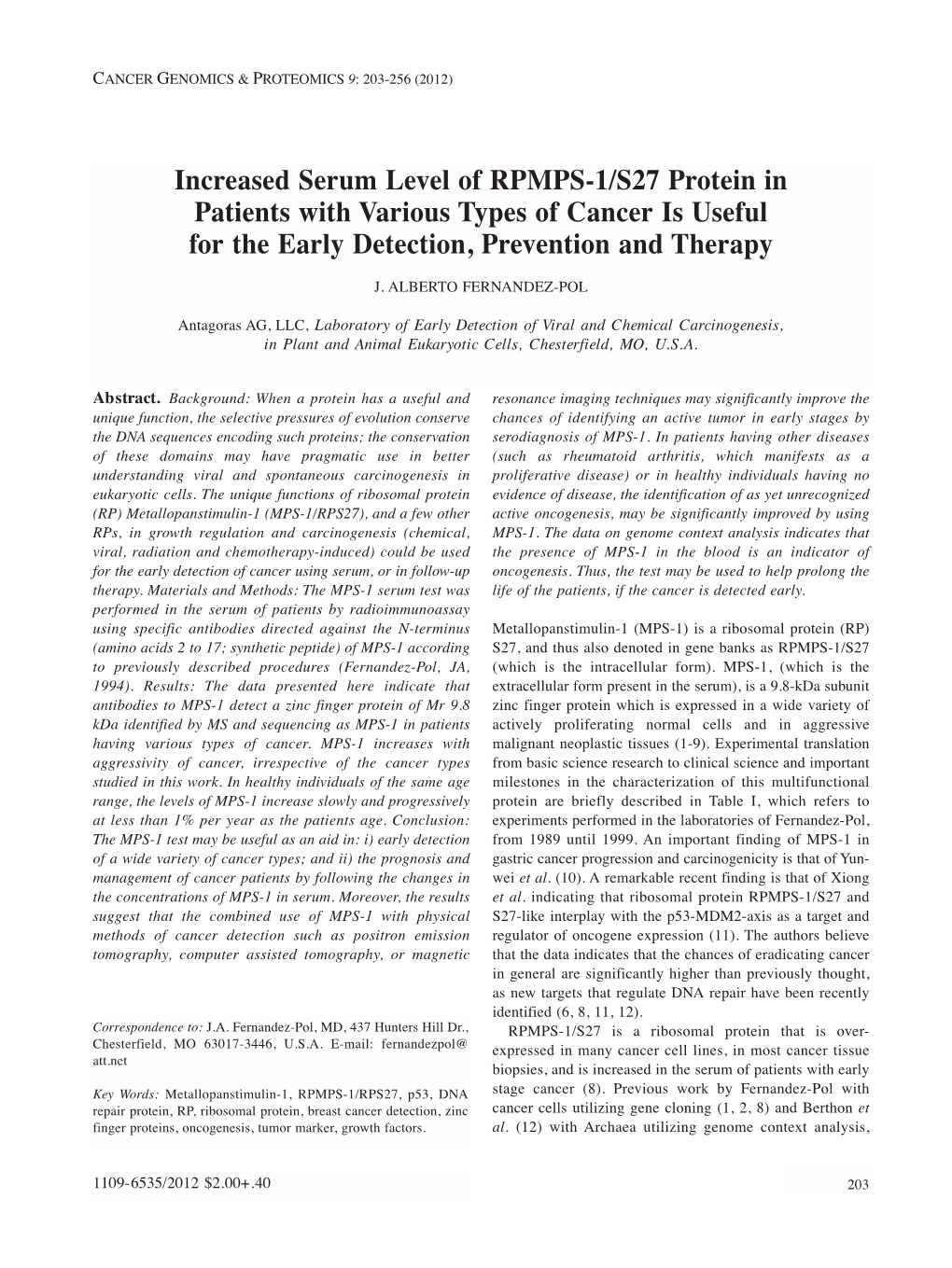 Increased Serum Level of RPMPS-1/S27 Protein in Patients with Various Types of Cancer Is Useful for the Early Detection, Prevention and Therapy