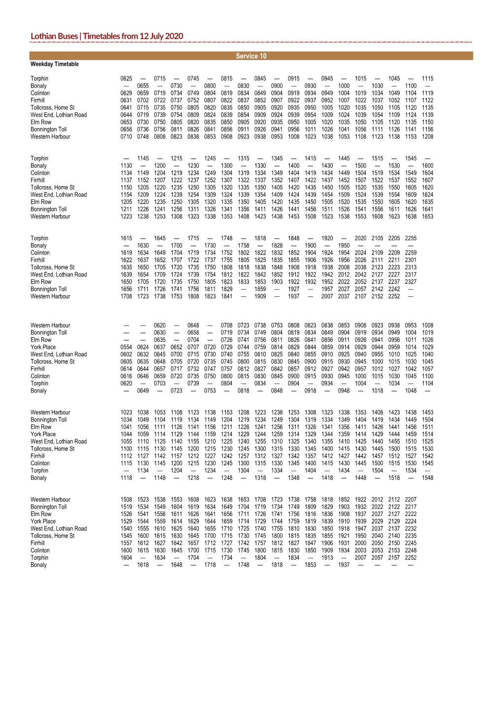 Service 10 Weekday Timetable