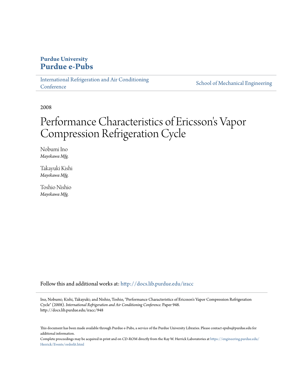 Performance Characteristics of Ericsson's Vapor Compression Refrigeration Cycle Nobumi Ino Mayekawa Mfg