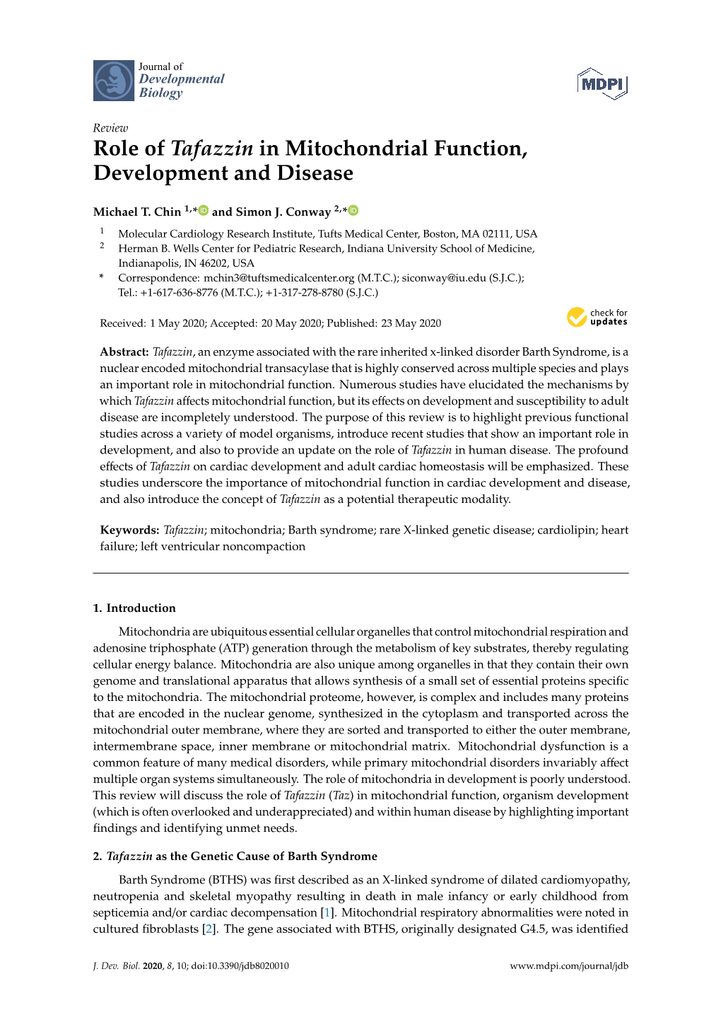 Role of Tafazzin in Mitochondrial Function, Development and Disease