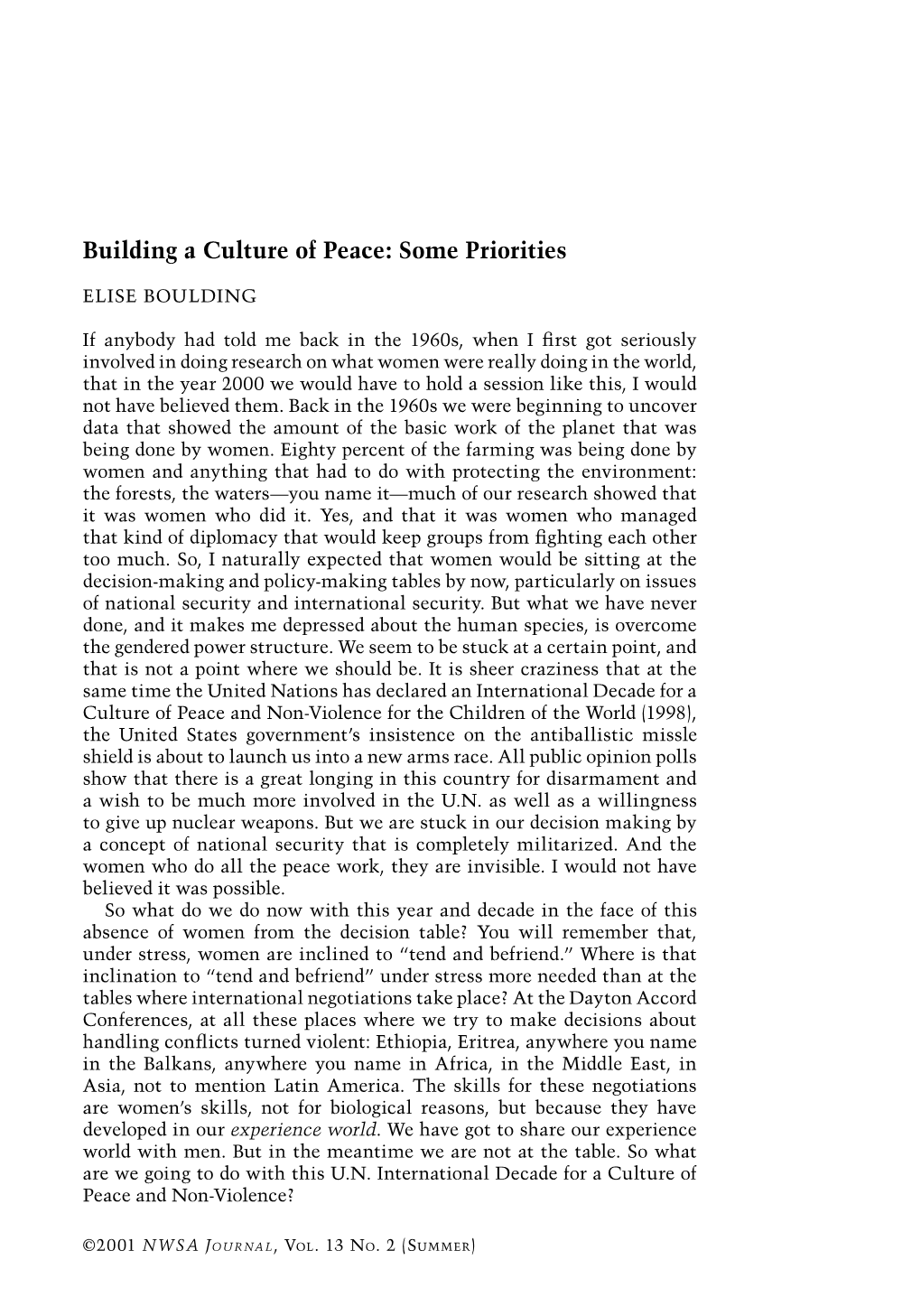 "Building a Culture of Peace: Some Priorities," by Elise Boulding