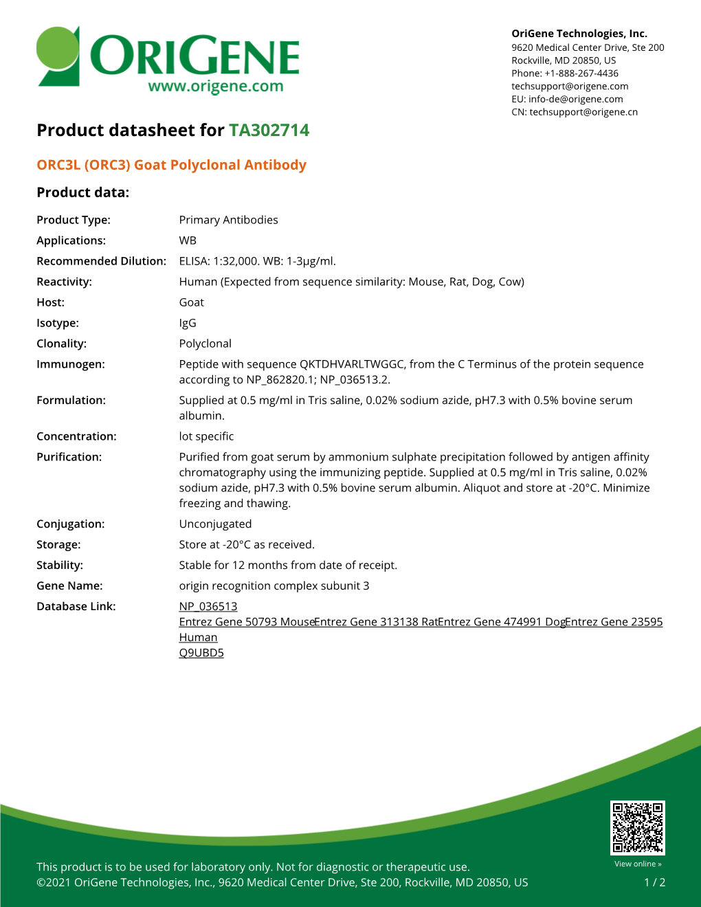 ORC3L (ORC3) Goat Polyclonal Antibody – TA302714 | Origene