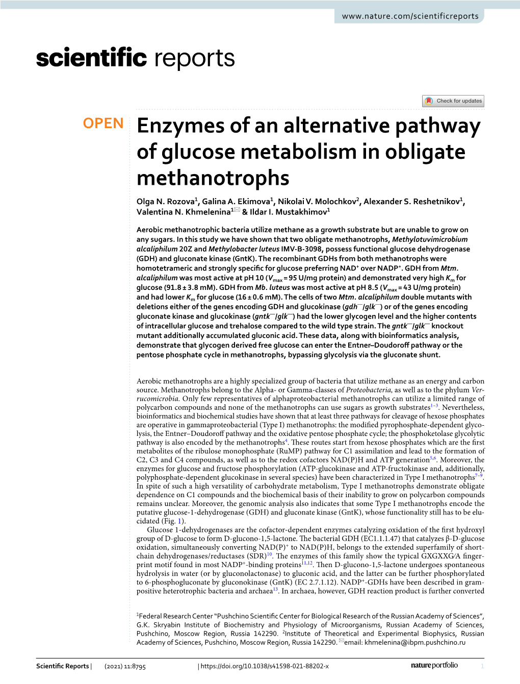 Enzymes of an Alternative Pathway of Glucose Metabolism in Obligate Methanotrophs Olga N