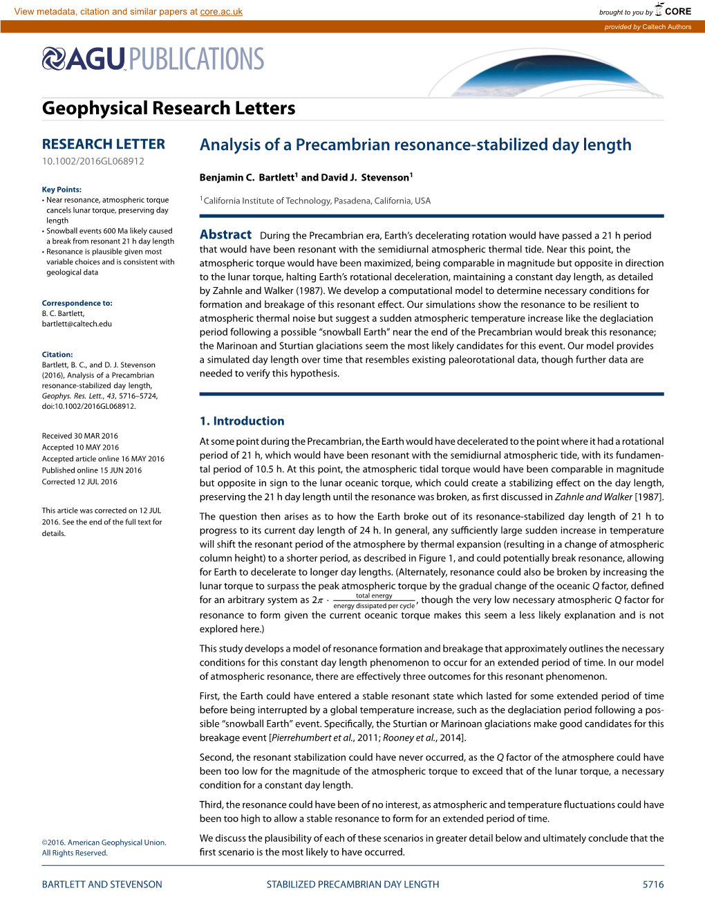 Analysis of a Precambrian Resonance-Stabilized Day Length 10.1002/2016GL068912 Benjamin C