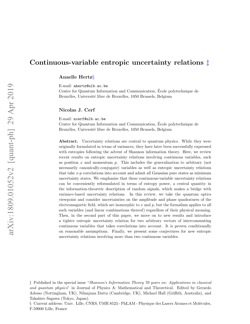 Continuous-Variable Entropic Uncertainty Relations ‡