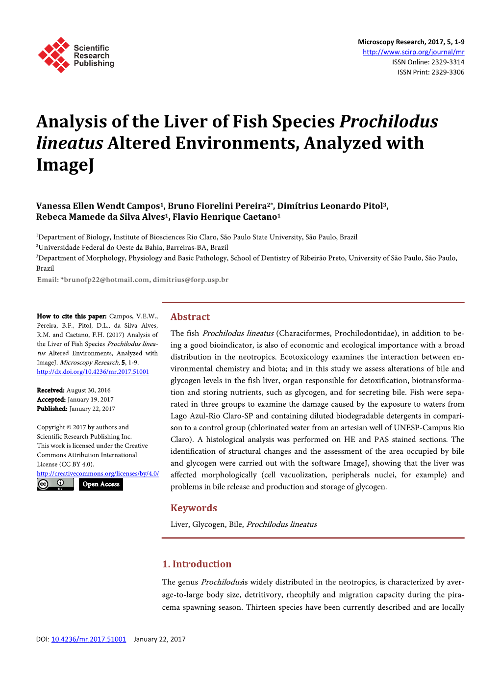 Analysis of the Liver of Fish Species Prochilodus Lineatus Altered Environments, Analyzed with Imagej