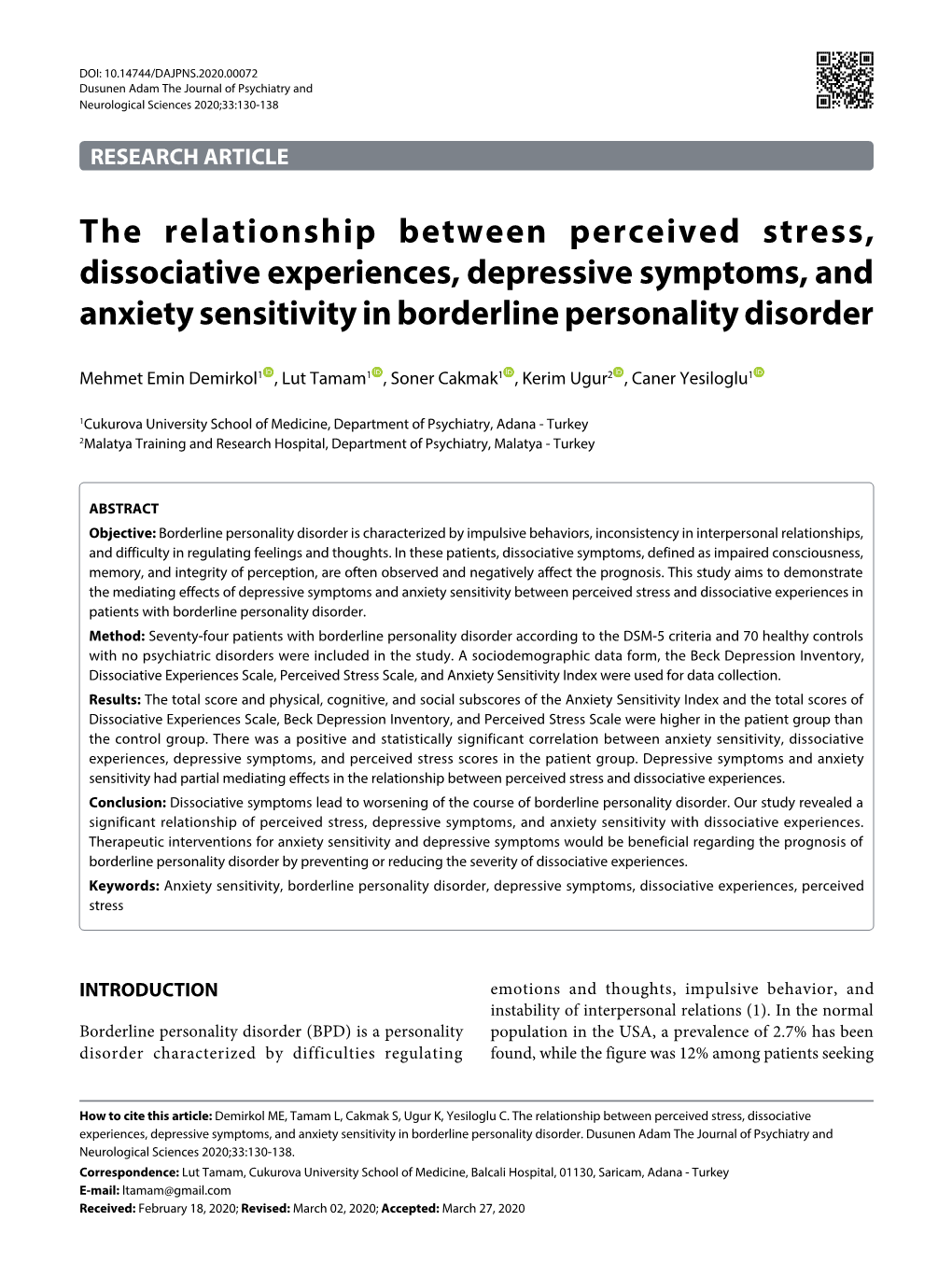 The Relationship Between Perceived Stress, Dissociative Experiences, Depressive Symptoms, and Anxiety Sensitivity in Borderline Personality Disorder