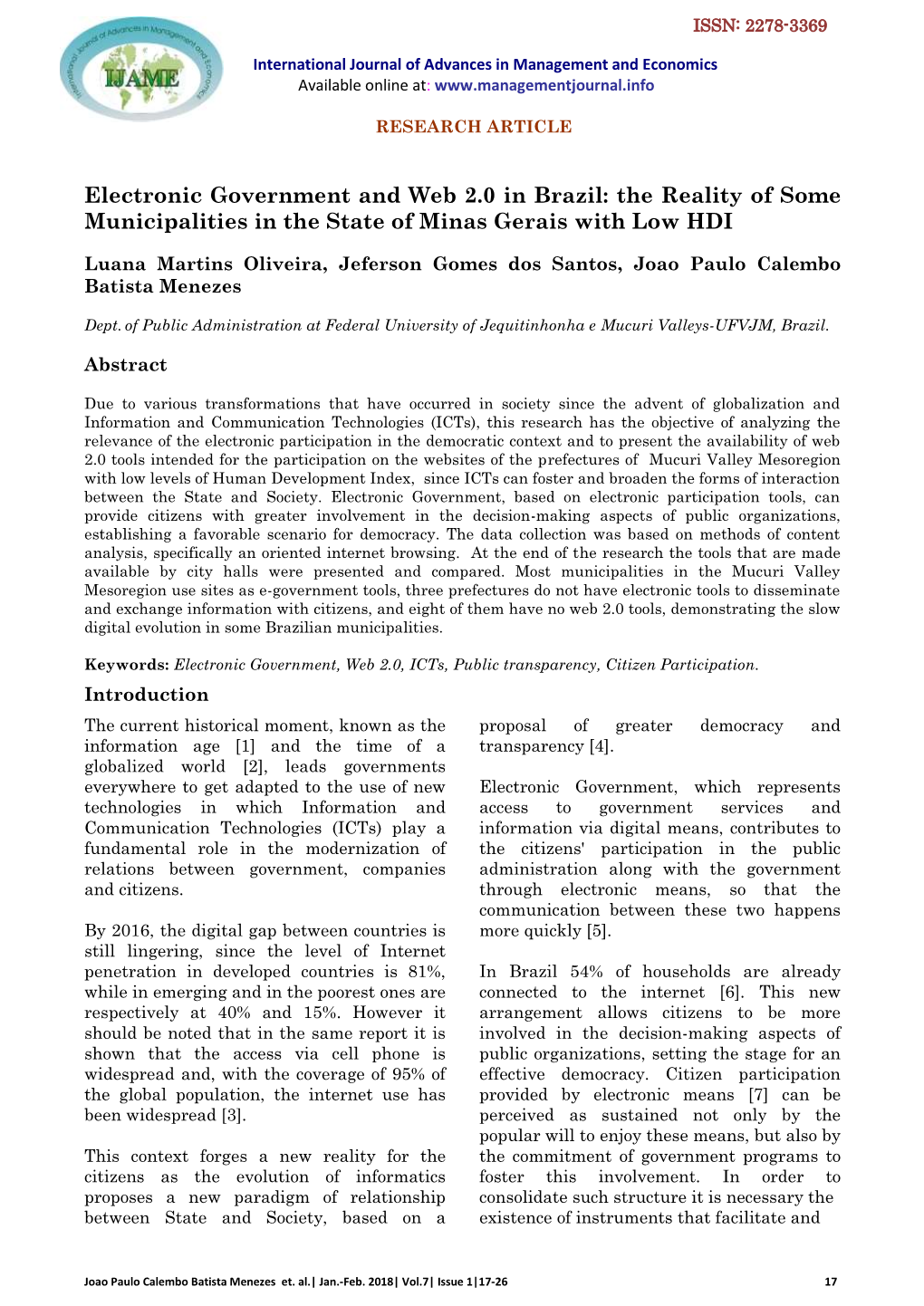 Electronic Government and Web 2.0 in Brazil: the Reality of Some Municipalities in the State of Minas Gerais with Low HDI