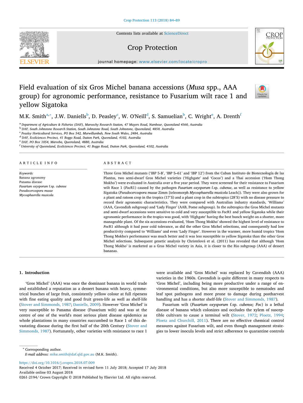 Field Evaluation of Six Gros Michel Banana Accessions (Musa Spp., AAA Group) for Agronomic Performance, Resistance to Fusarium Wilt Race 1 and T Yellow Sigatoka