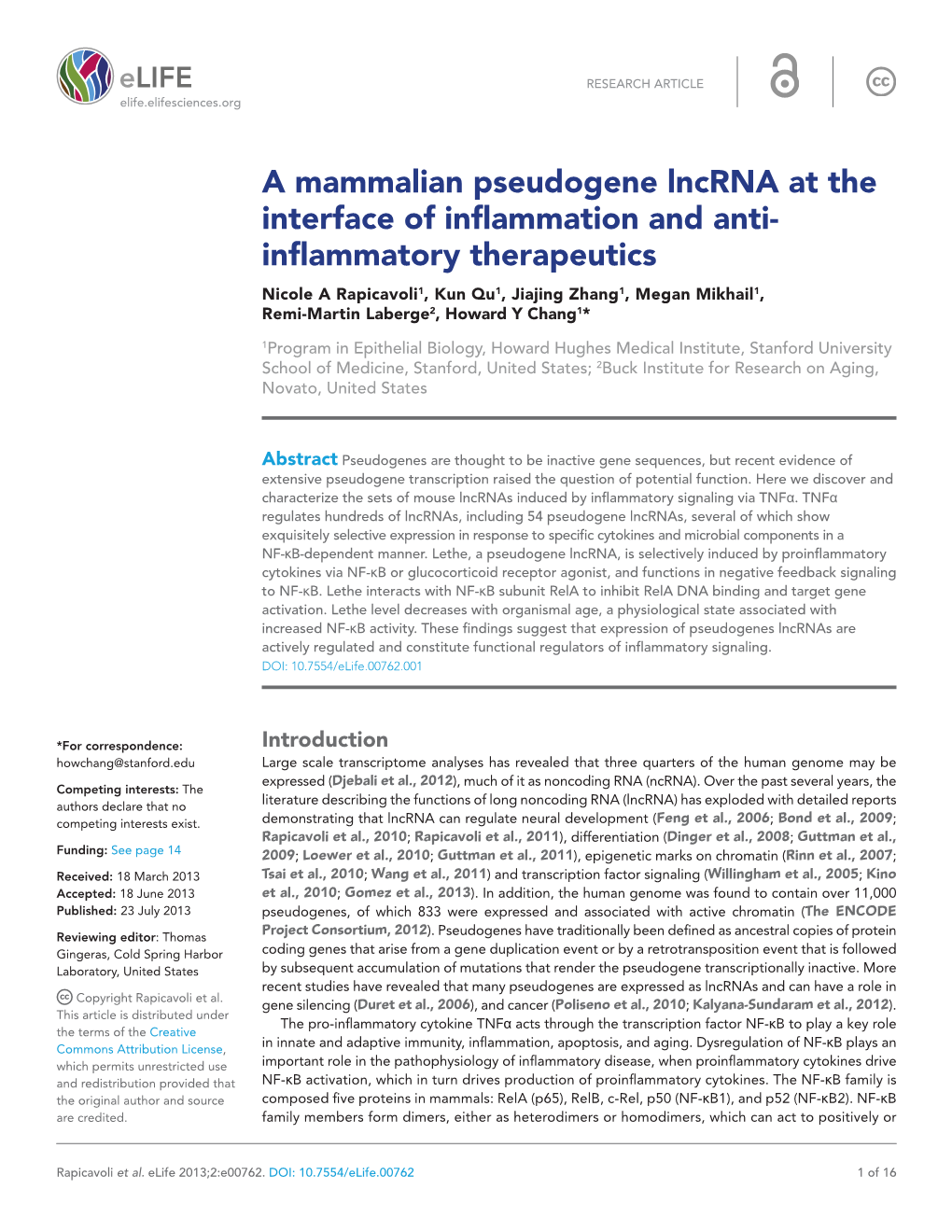 A Mammalian Pseudogene Lncrna at the Interface of Inflammation and Anti