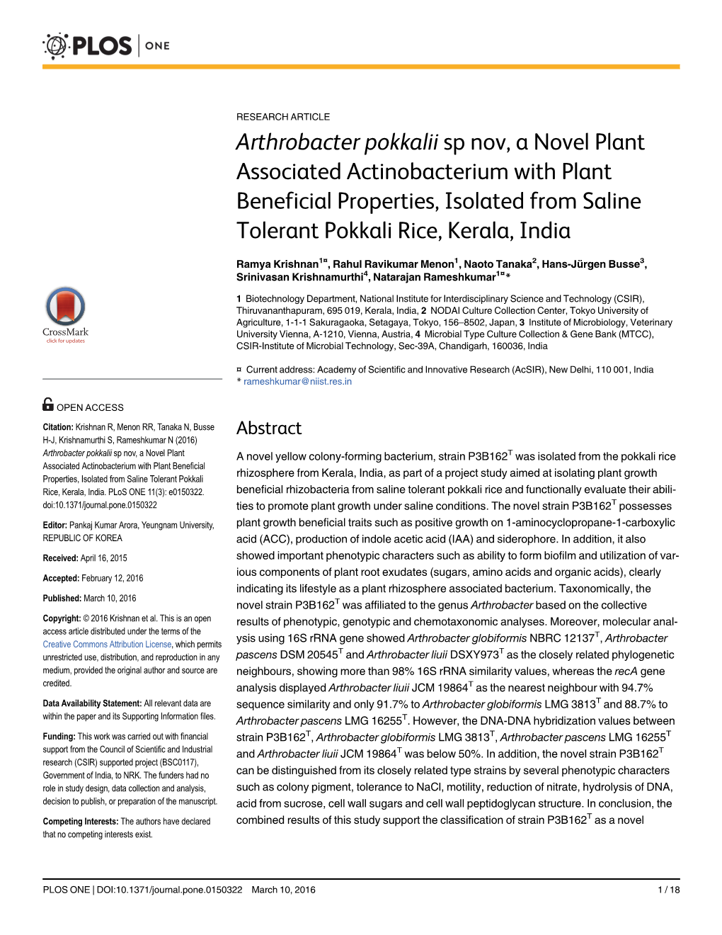 Arthrobacter Pokkalii Sp Nov, a Novel Plant Associated Actinobacterium with Plant Beneficial Properties, Isolated from Saline Tolerant Pokkali Rice, Kerala, India