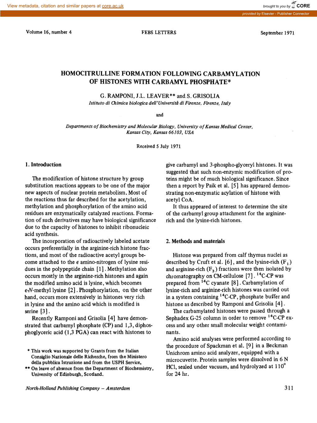 Homocitrulline Formation Following Carbamylation of Histones with Carbamyl Phosphate*