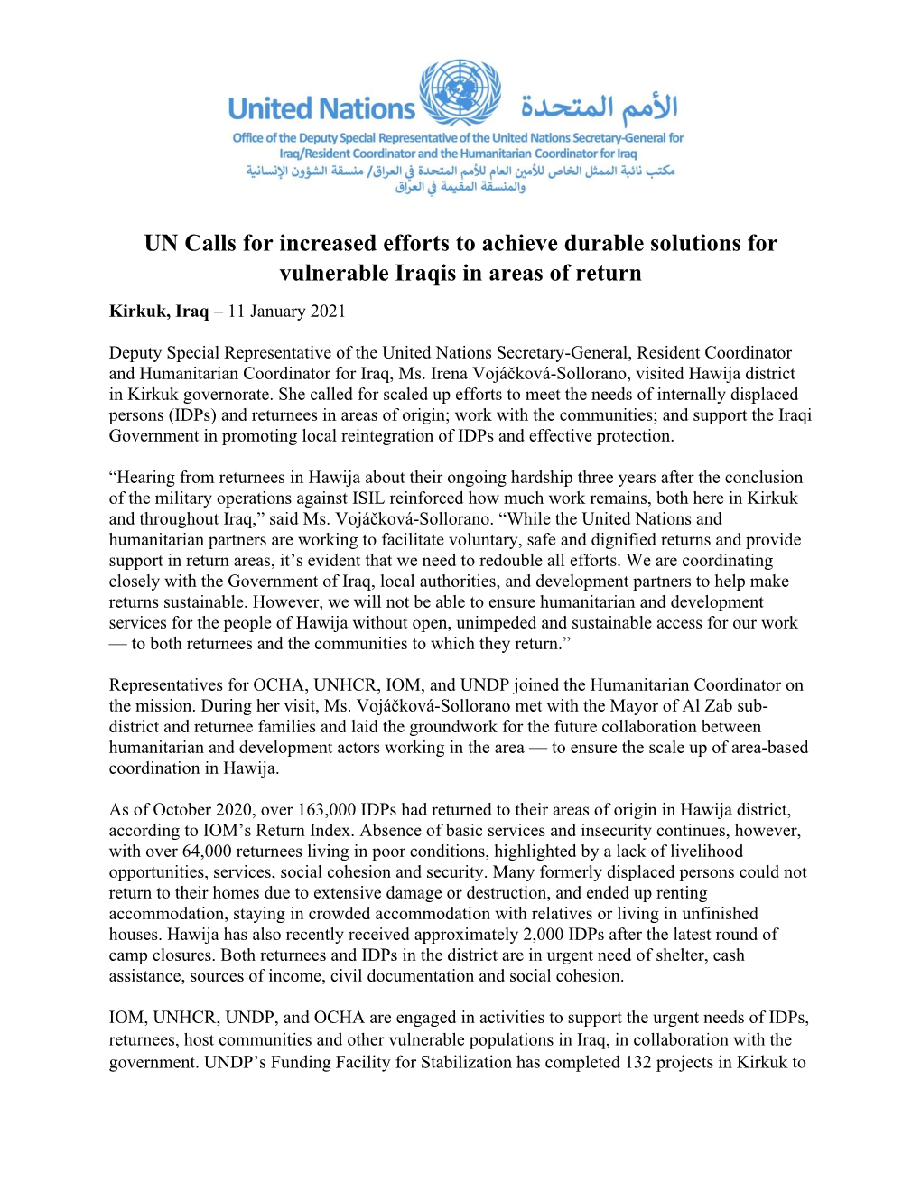 UN Calls for Increased Efforts to Achieve Durable Solutions for Vulnerable Iraqis in Areas of Return Kirkuk, Iraq – 11 January 2021