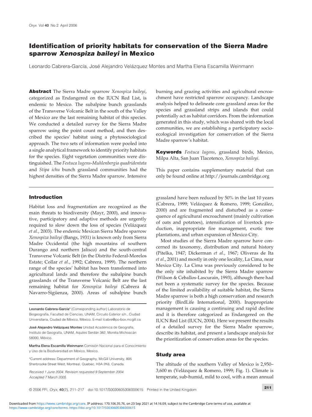 Identification of Priority Habitats for Conservation of the Sierra Madre Sparrow Xenospiza Baileyi in Mexico