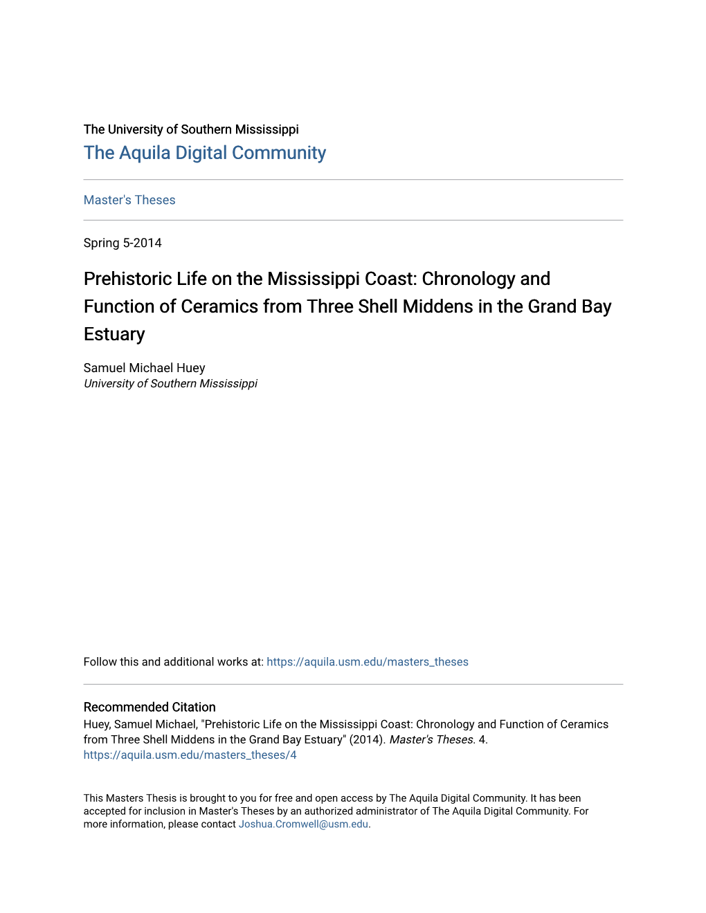 Prehistoric Life on the Mississippi Coast: Chronology and Function of Ceramics from Three Shell Middens in the Grand Bay Estuary